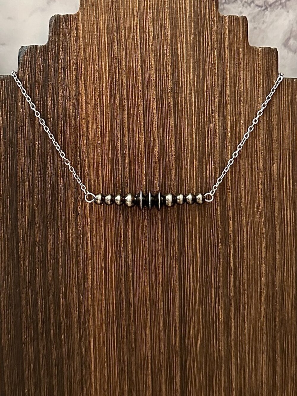 Handmade Triple Saucer Brushed Steel Western Pearl Bar Necklace 16 inch
